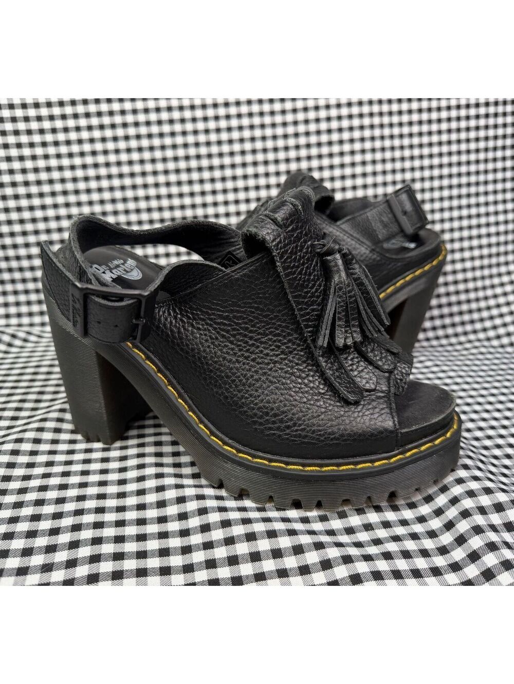 Dr Martens Seraphina Kiltie Slingback Sandals Womens 6 Black Leather Tassel Heel